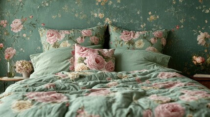 A beautiful vintage floral pattern with soft pink roses and peonies intertwined with delicate greenery