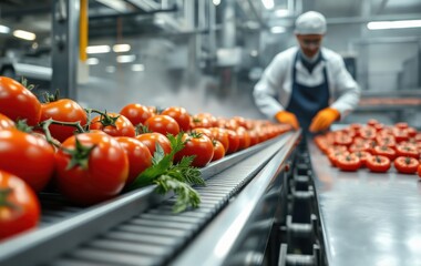 Fresh Tomatoes on Production Line in Industrial Food Processing Plant