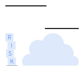Vertical stack of blocks spelling RISK beside a cloud. Ideal for business, security, finance, planning, decision-making, uncertainty, and strategy metaphors. Abstract line flat metaphor