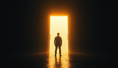 Fototapeta premium Silhouette of Man Standing Before Open Doorway to Bright Light - Hope and Opportunity