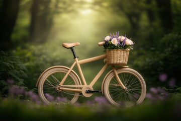 Fototapeta premium Bicycle with a flower basket standing in a sunlit forest surrounded by greenery and blooming flowers