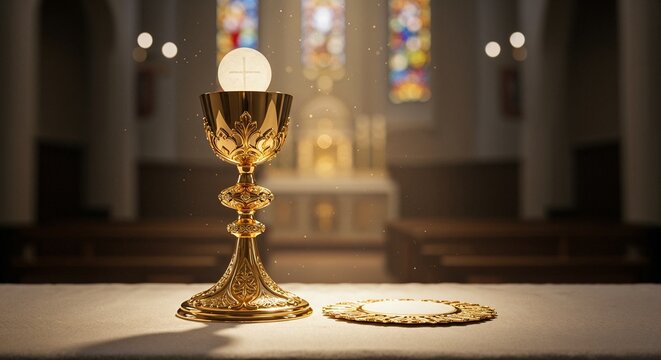 Golden chalice and communion wafer on altar in Catholic church for religious ceremonies, blogs, and spiritual design