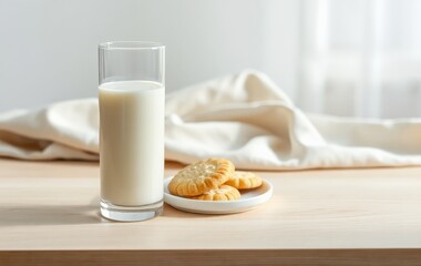 Delicious Milk and Cookies on Wooden Table with Soft Textured Background
