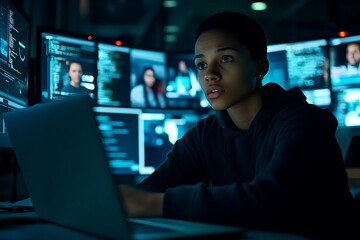 Focused Young Person Working On Laptop In Dark Room With Multiple Computer Screens