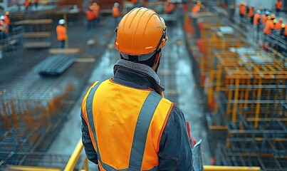 Construction Worker Observing Metal Framework And Concrete Construction Site