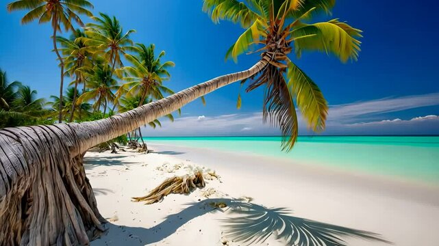 Pristine tropical beach paradise with swaying palm trees casting shadows on the white sand. Turquoise water