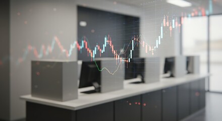 Financial analysis workplace with line graph overlaying modern computers