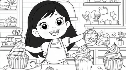 Baking Adventure: Young Girl Decorating Cupcakes in a Cozy Kitchen - Coloring Page Style
