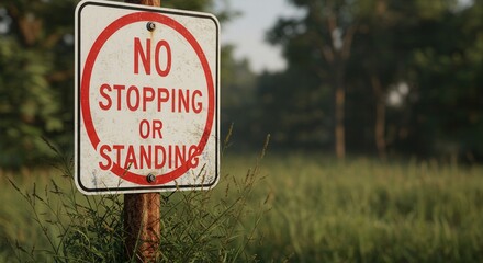 No Stopping or Standing Sign in Field with Trees Background