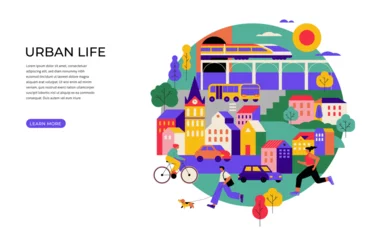 Selbstklebende Fototapeten Colorful Urban Life Illustration. Modern Cityscape with People, Transportation, and Skyscrapers. © Marina Zlochin