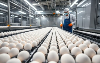 Modern Egg Production Facility with Worker Sorting Fresh Eggs on Conveyors