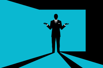 Stylized silhouette of a businessman in a suit against a vibrant turquoise backdrop, symbolizing choice and opportunity