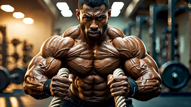 Bodybuilder Training with Battle Ropes in Gym, Showing Muscular Strength and Focus
