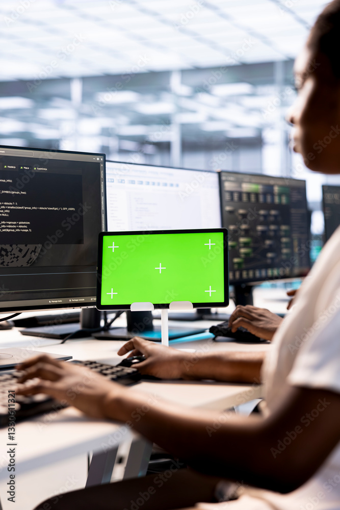 Poster computer scientist using green screen tablet to check for signs of failure in data center mainframes