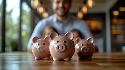 Obraz premium Family Financial Planning: Piggy Banks and a Happy Dad