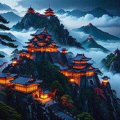 Obraz premium Majestic Japanese Castle on Misty Mountaintop, Glowing Lanterns Illuminating the Night, Feudal Era Architecture, Mystical Atmosphere, Hyper-Realistic 8K
