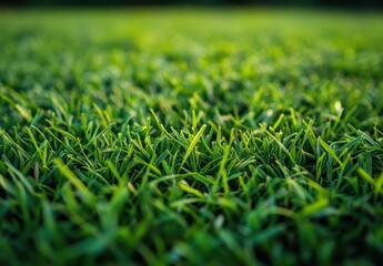 Close-Up View of Lush Green Grass with Fresh Dew Drops Captured in Natural Lighting on a Sunny Day in a Well-Maintained Lawn Setting