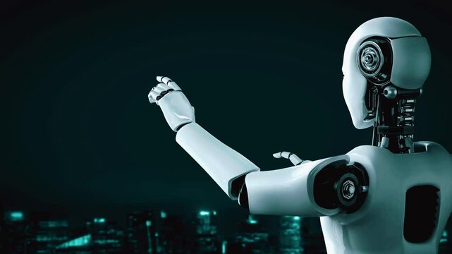 AI robot huminoid uses cloud computing technology to store data on online server . Futuristic concept of cloud information storage analyzed by machine learning process . 3D rendering .