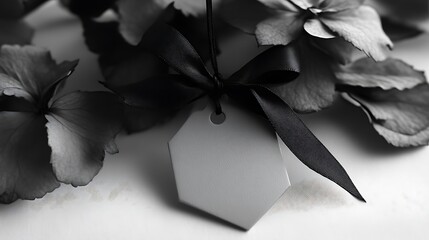 Blank Tag with Black Bow Amidst Hydrangea Flowers