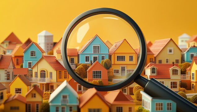 Colorful miniature houses under a magnifying glass representing real estate analysis, property investment, and market research in vibrant settings