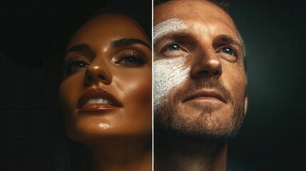A striking image showcasing the contrasting features of two individuals, illuminated dramatically to highlight their expressions and emotional depth.