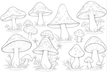 Set of whimsical mushrooms with varied shapes and sizes, illustrated in a black-and-white storybook style. Isolated on white, perfect for children’s books and playful designs