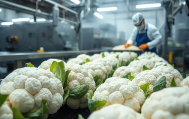 Fresh Cauliflower Harvest in Modern Food Processing Factory with Worker