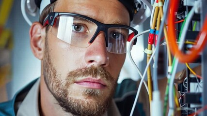Focused Electrician Wearing Safety Glasses and Hard Hat Inspects Electrical Wiring in Panel, Ensuring Safety and Precision in His Work and Demonstrating Expertise in Industrial Setting