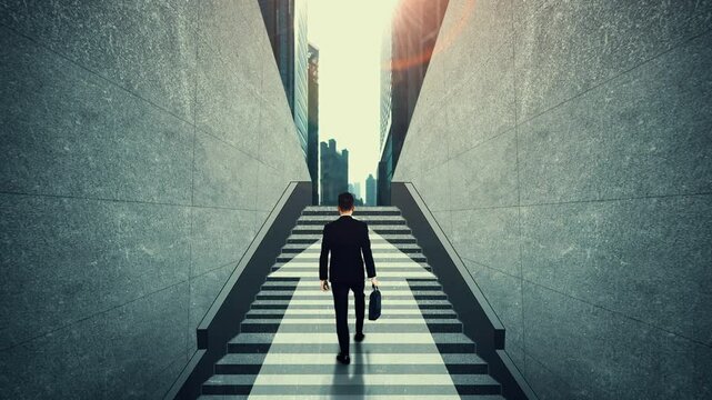 Business growth potential concept with virtual graphic of financial success . Businessman with report chart up forward to global career path growth and achievement in stock market investment .
