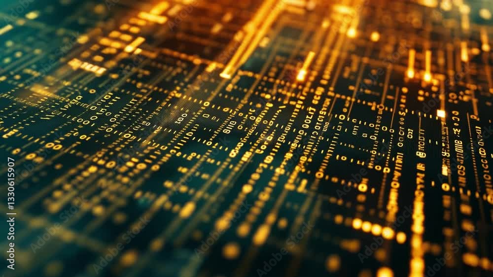 Poster digital abstract background with glowing lines and binary code, representing technology and data flo