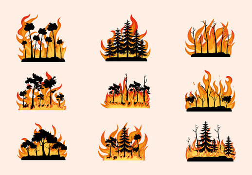 Black and Orange Forest Fires Illustration Set