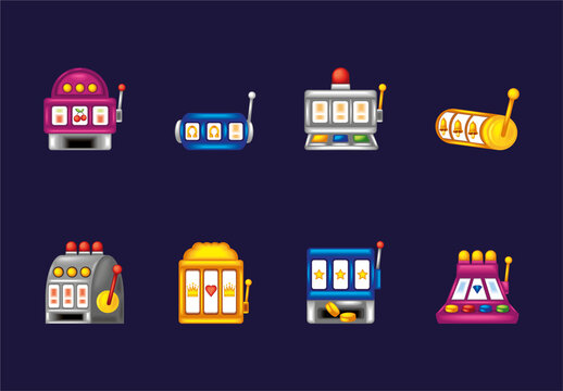 Colorful Slot Machines Casino Gambling Icons Set