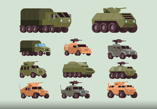 Green Beige Military Armored Vehicles Icons Set