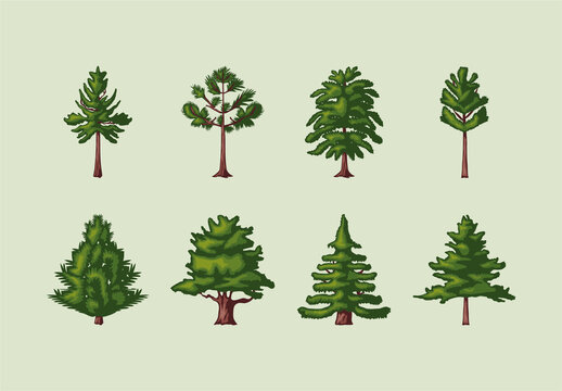 Green Brown Pine Tree Nature Forest Icons Set