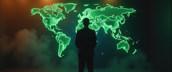 Silhouette of a businessman standing before a glowing green digital world map.  Ideal for business, technology, and global concepts.