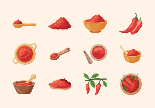 Red Chili Pepper Powder Culinary Icons Set