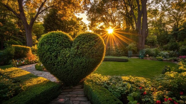Heart-Shaped Hedge in Vibrant Garden at Sunset with Sun Rays
