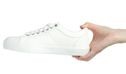 Hand holding white sneakers shoelace on white background isolation