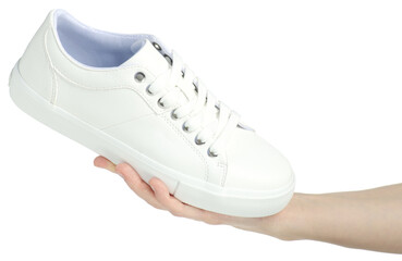 Hand holding white sneakers shoelace on white background isolation