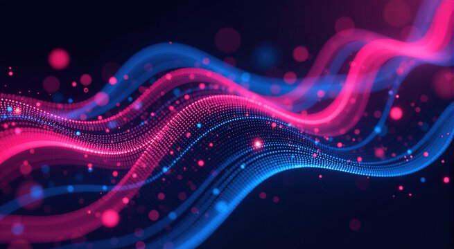 Abstract glowing wave background with vibrant pink and blue particles. Perfect for technology, data, and futuristic concepts.