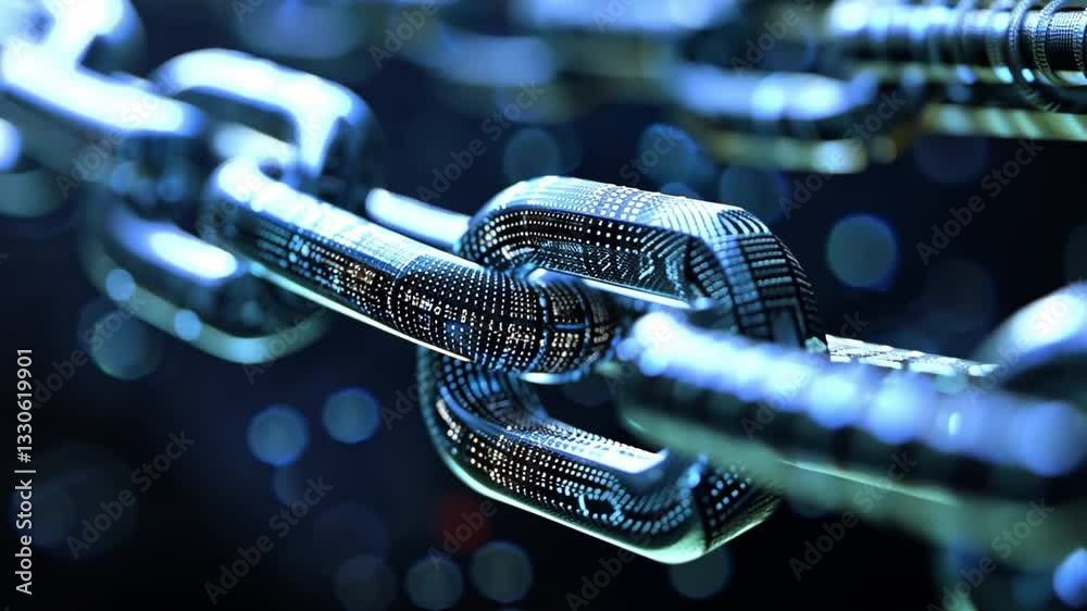 Poster close up of digital chain link with binary code symbolizing blockchain technology, digital security,