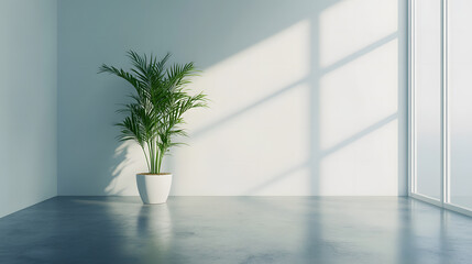 Minimalist Interior Design Palm Plant in Modern Room with Sunlight
