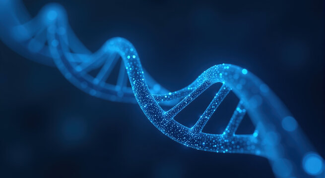 Abstract 3D rendering of a glowing blue DNA helix. Perfect for science, technology, and medical backgrounds.