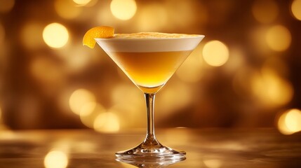 Refreshing cocktail garnished with orange zest on golden bokeh background