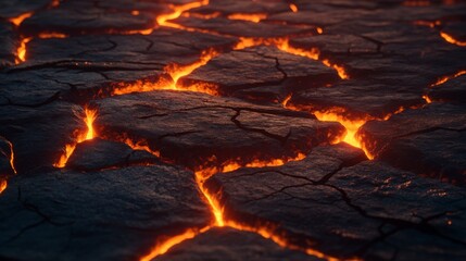 Molten Lava Flows Through Cracked Volcanic Rock