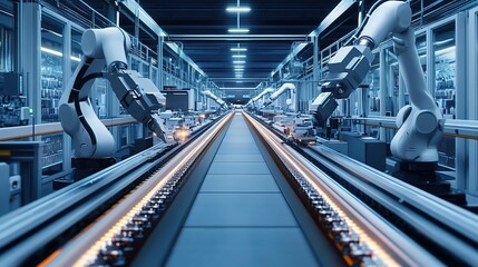 Advanced Futuristic Factory Floor with Conveyor Belts and Robotics