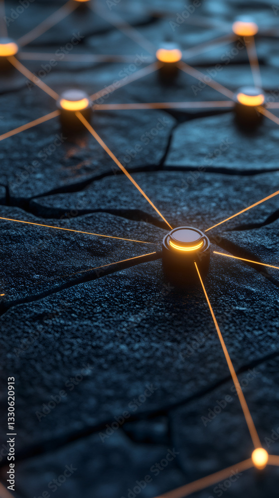 Poster Orange lines connecting glowing circles on a dark cracked surface, representing a network or neural structure