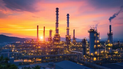 Fototapeta premium Glowing Oil Refinery at Sunset in the Energy Sector