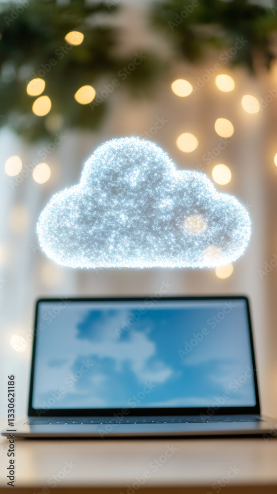 Poster Cloud computing concept showing a bright cloud floating over a laptop with Christmas lights in the background