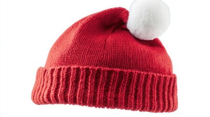 Red Santa Claus Hat with White Fur Trim Isolated on White Background, Festive Christmas Holiday Costume Accessory for Celebration and Seasonal Fun